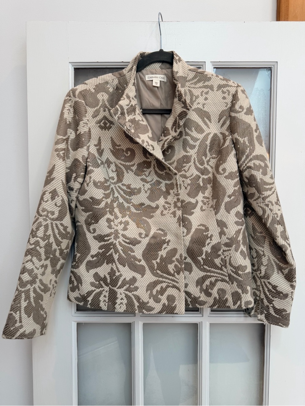COLDWATER CREEK Chic Champagne Metallic Gold Jacquard Wool Blazer Jacket Size 10